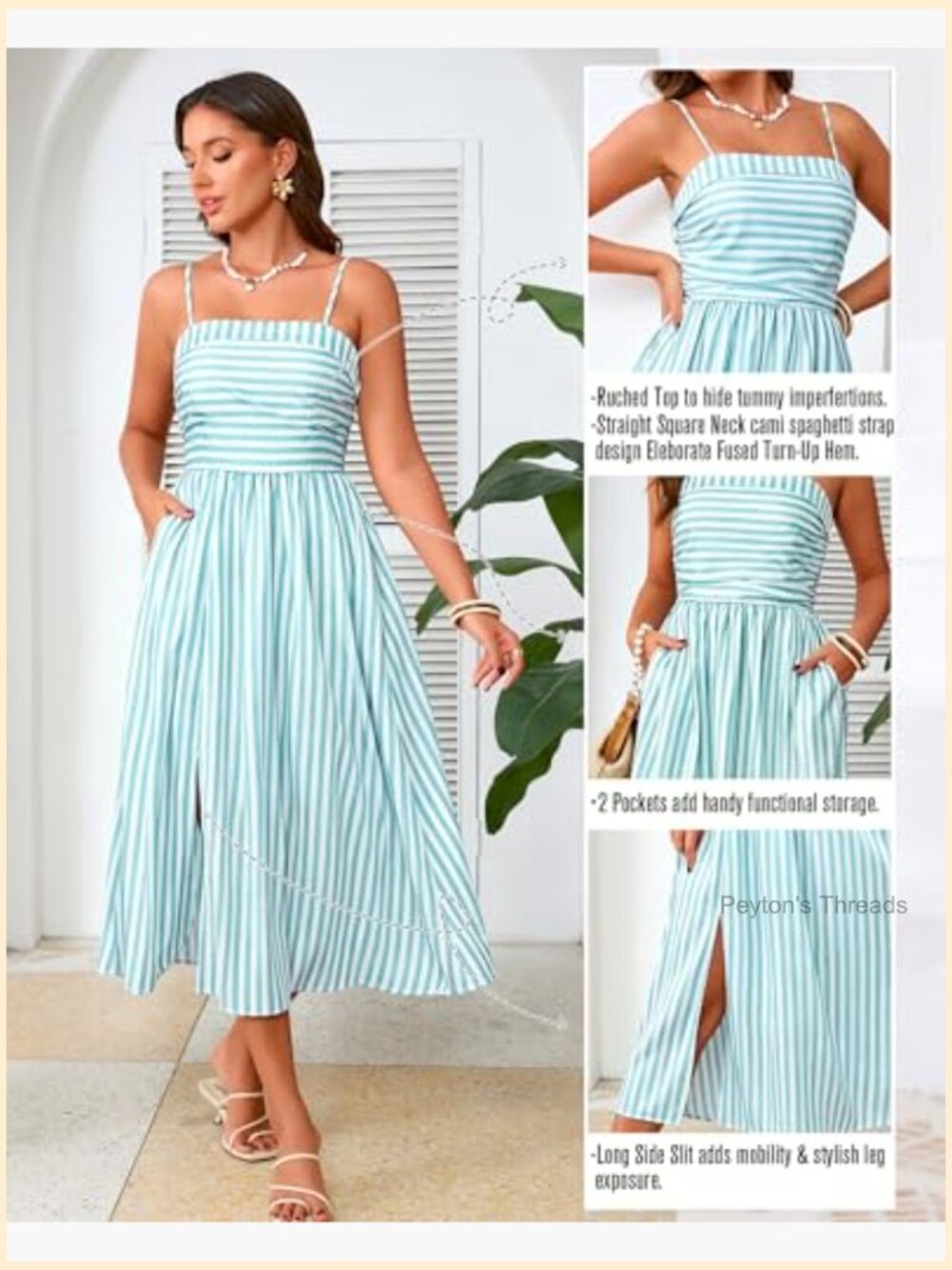 Women Satin Maxi Dress Ruched Sundress with Pockets Slit Adjustable Spaghetti - Picture 4 of 7